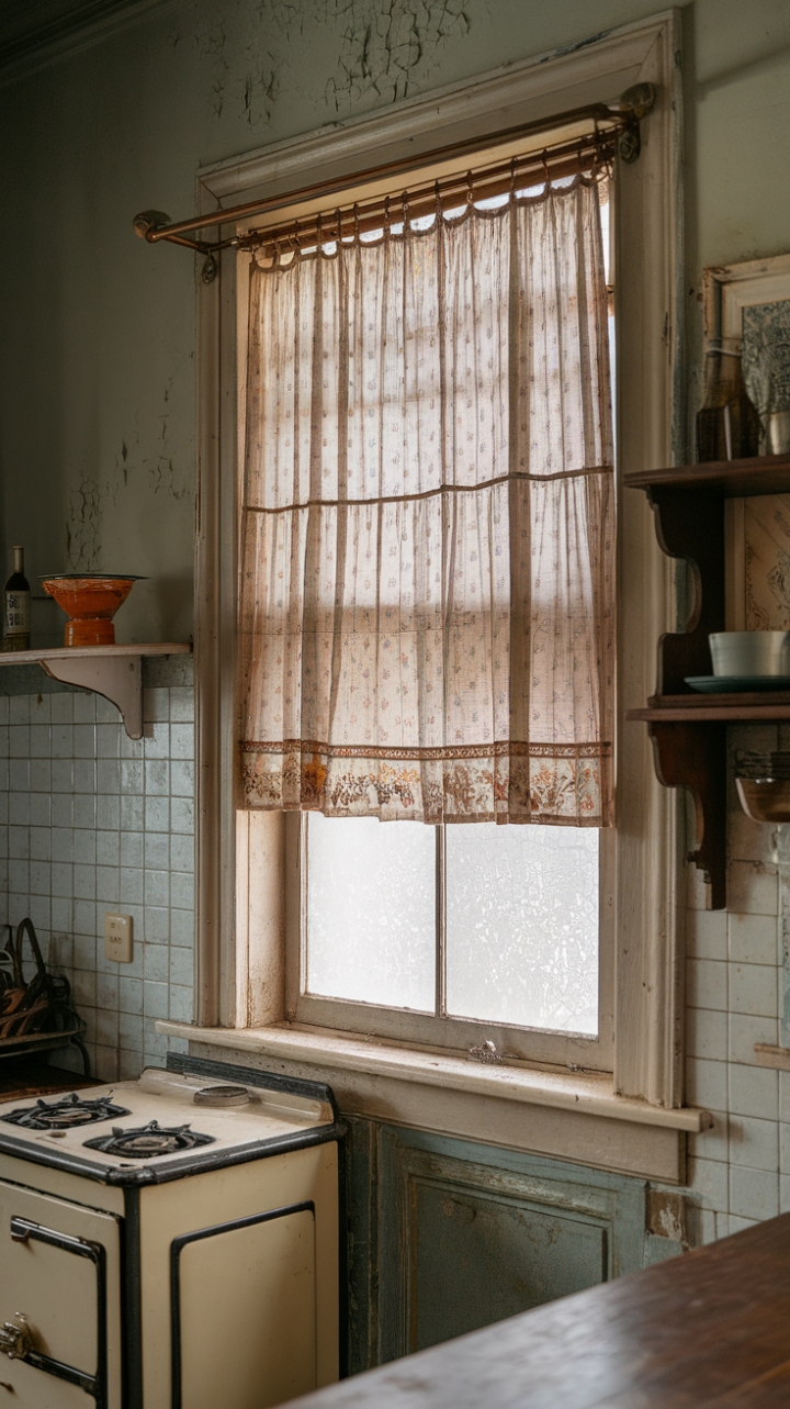 A charming vintage kitchen exudes nostalgic warmth, where timeworn details tell a story of bygone days. The floral-patterned fabric curtain, with its charming stains, adds a touch of authentic character, complemented by a rustic wooden curtain rod mounted near the ceiling. Cracks in the window and peeling paint surrounding it evoke a sense of history and resilience. An old-fashioned stove and a weathered wooden shelf laden with vintage kitchen accessories complete this rustic tableau, inviting a sense of cozy, lived-in charm that celebrates the beauty of imperfection and the stories embedded in every detail.
