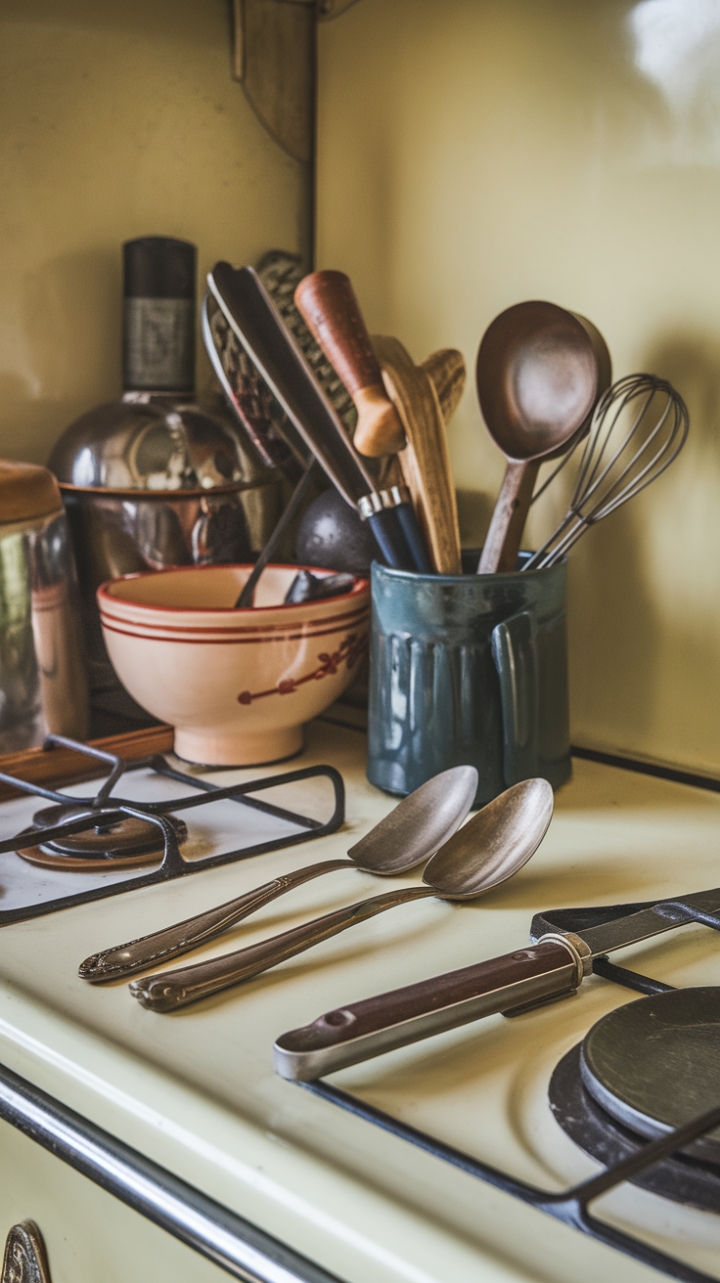 A charming vintage kitchen exudes timeless appeal, where antique cutlery and classic tools tell stories of culinary traditions past. Retro mixing bowls and old-fashioned gadgets evoke a warm sense of nostalgia, while the vintage stove anchors the scene with its nostalgic charm. Every detail invites a journey into a bygone era, celebrating the enduring beauty of vintage kitchen craftsmanship.