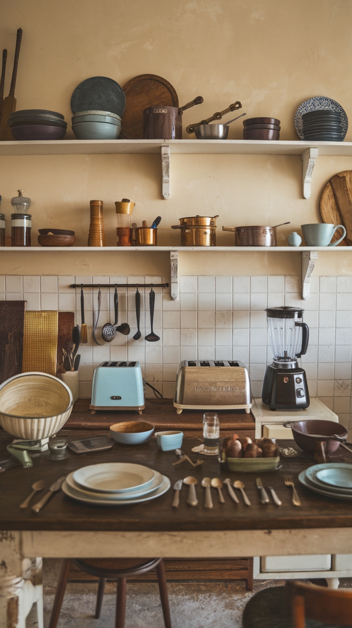 Step back in time with this charming vintage kitchen, where antique cutlery gleams alongside retro kitchen gadgets, promising delicious adventures in culinary nostalgia. The warm wooden table, beige walls, and rustic floor create the perfect backdrop for a collection of cherished heirlooms – from a retro toaster and vintage coffee maker to a set of gleaming silverware and retro mixing bowls – each piece whispering tales of bygone baking days and family gatherings.