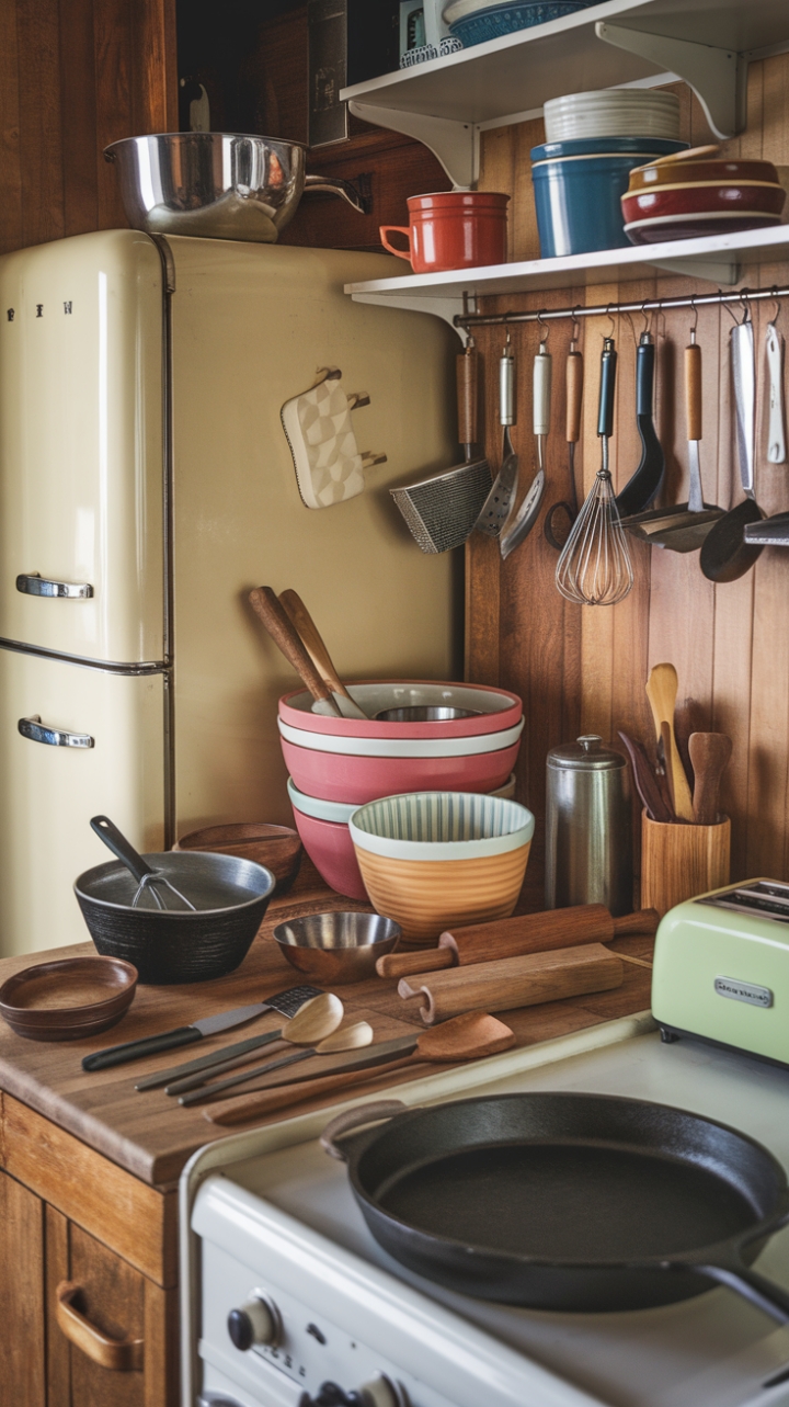 Embrace the irresistible allure of vintage in this kitchen scene. A symphony of aged mixing bowls, a trusty cast iron skillet, and a collection of well-loved tools tell a story of generations of home cooks. Every detail, from the wooden spoon to the retro toaster, speaks to a simpler time, filled with the comforting rhythm of home-cooked meals.
