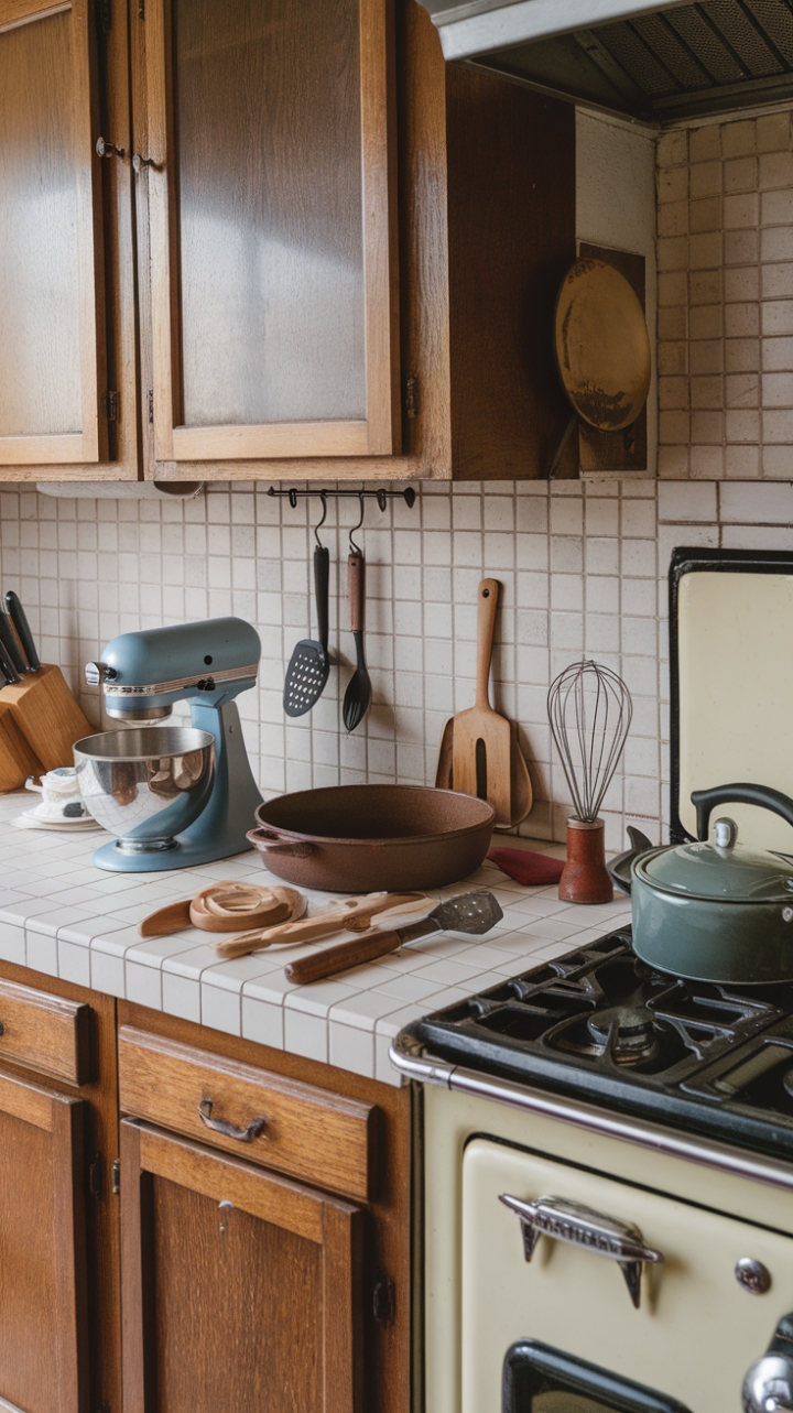 Step into this charming vintage kitchen where timeless character meets nostalgic warmth. Antique wooden cabinets with rich patina frame a classic tile backsplash, creating a cozy backdrop for a cast-iron stove that exudes rustic charm. Retro cookware, including a mixer with a wooden bowl, a sturdy roasting pan, a dutch oven, and a charming kettle, are thoughtfully arranged on the checkered counter, adding pops of color and personality. Vintage kitchen utensils—wooden spatulas, wire whisks, and slotted spoons—complete the scene, inviting a sense of history and homey comfort that makes every meal feel special.