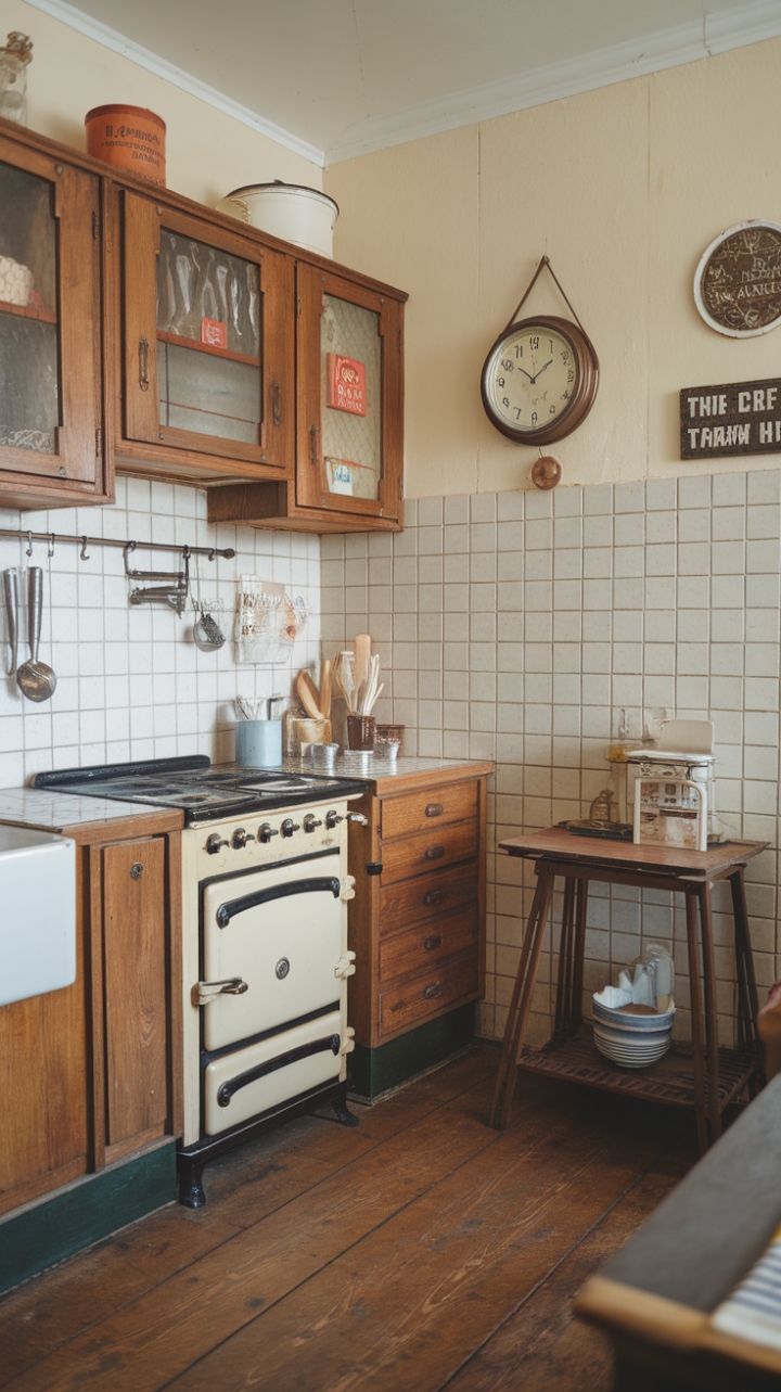 Step back in time with this charming vintage kitchen, where rustic wooden cabinets and a timeless tiled backsplash whisper tales of home-cooked meals and cherished memories. The aged stove, wooden table, and quaint wall décor create a space brimming with farmhouse charm and undeniable warmth. A perfect blend of old-world elegance and cozy comfort.
