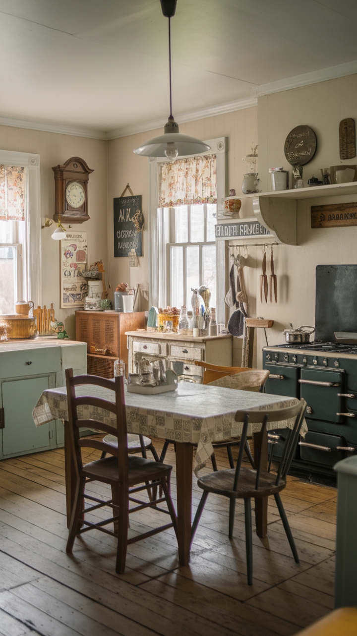 Step back in time with this charming vintage kitchen, where rustic farmhouse charm meets modern comfort. A patterned tablecloth graces a wooden table, surrounded by inviting chairs, a vintage stove, and a beautifully detailed cabinet. Warm wood floors and thoughtfully chosen wall décor, including a vintage clock and a quaint sign, complete this idyllic space. The perfect blend of old-world elegance and cozy practicality.
