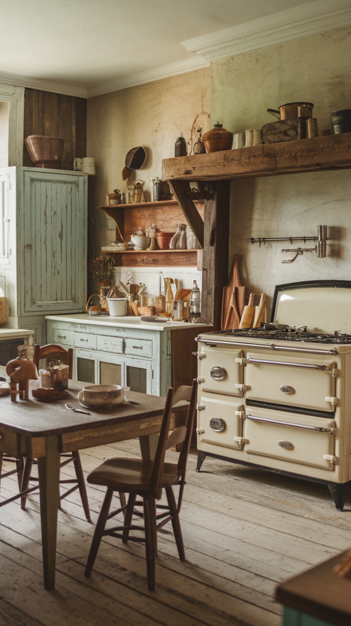 Step back in time with this charming vintage kitchen, where rustic farmhouse charm meets culinary nostalgia. The distressed wood cabinets, antique range, and worn wooden table set a scene of heartwarming family meals and cherished memories. Every detail, from the aged patina to the thoughtfully placed utensils, whispers tales of generations past. Prepare to be captivated by the warmth and timeless elegance of this space.