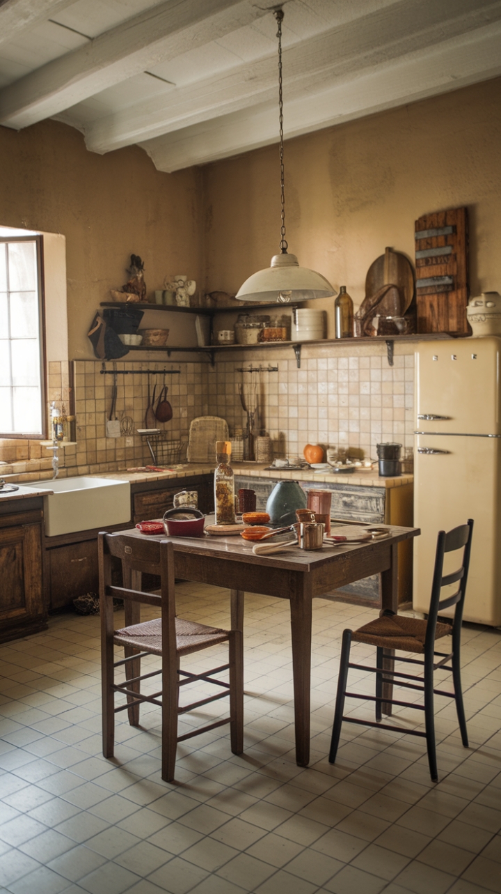 Embrace the allure of simpler times in this idyllic vintage kitchen. Beige walls and floors create a serene backdrop for a rustic wooden table, adorned with vintage cooking tools and ingredients, promising delicious adventures. The aged wooden cabinetry and a classic refrigerator complete the scene, inviting you to linger and savor the nostalgic ambiance.