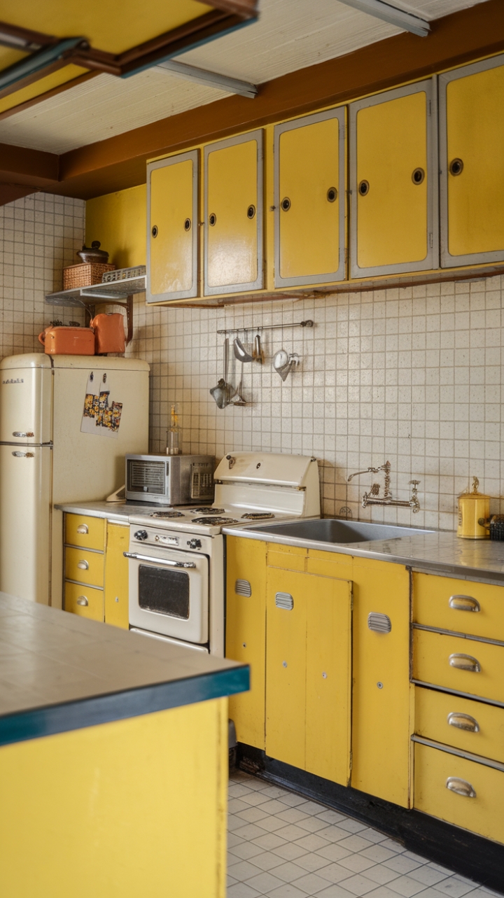 Embrace the joy of retro revival in this dazzling yellow kitchen! A symphony of sunshine hues and crisp white tiles sets the stage for culinary adventures. The vintage stove, refrigerator, and charming faucet add a touch of playful nostalgia, while the carefully curated appliances and utensils hint at delicious creations to come. This isn't just a kitchen; it's a vibrant time capsule brimming with mid-century modern magic.