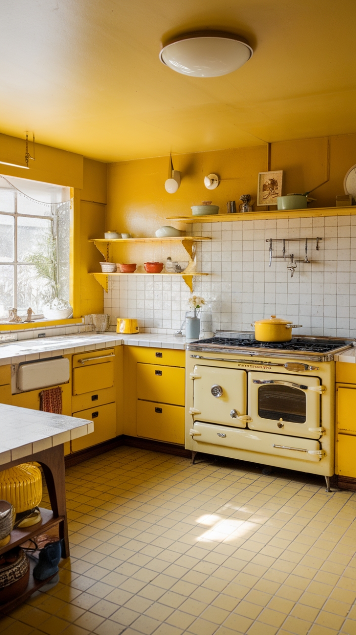 Ready for a dose of sunshine? This vintage yellow kitchen is a cheerful blast from the past! With its sunny yellow cabinetry and walls, it's a space that radiates warmth and charm. The vintage stove, complete with a yellow oven, is a true centerpiece, perfectly complemented by the crisp white countertop. Antique treasures like the yellow pot and the white vase with a single bloom add layers of character and history. And those yellow and white square tiles underfoot? They're the perfect finishing touch to this mid-century dream, showcasing a retro color palette that feels both nostalgic and utterly delightful.
