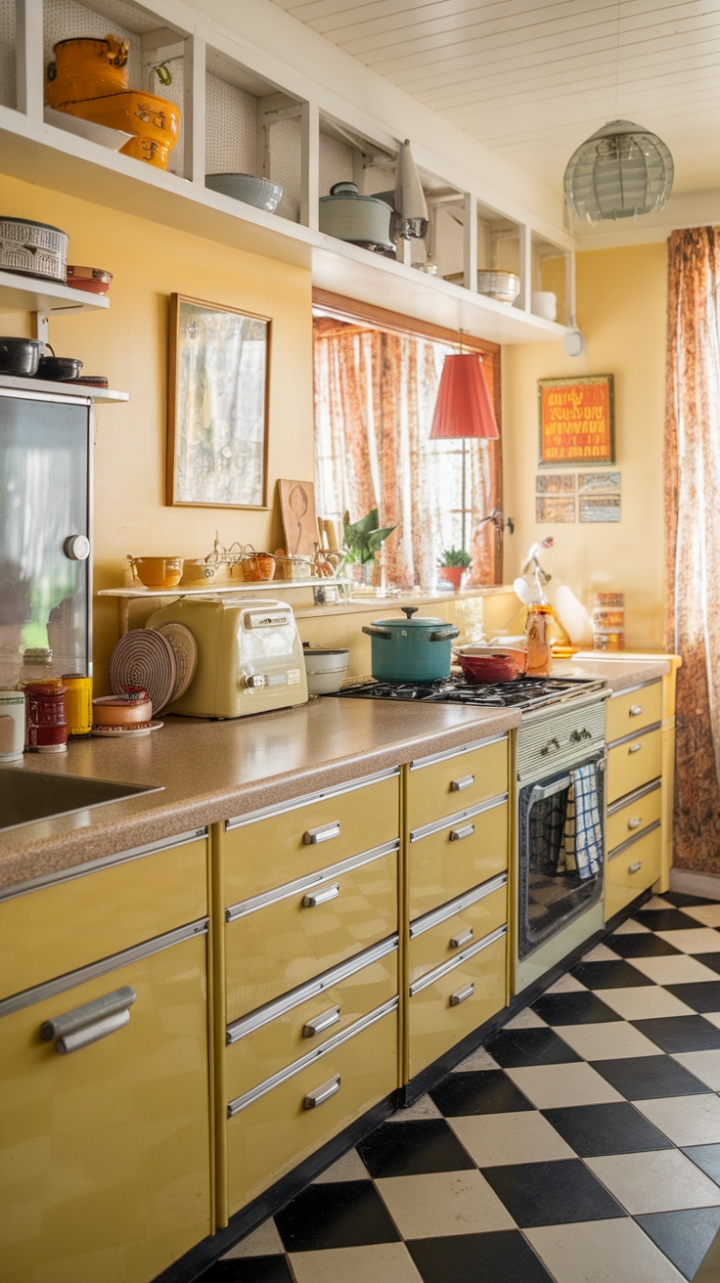 Embrace the golden age of design in this vibrant kitchen! Sunny yellow cabinets pop against a classic black and white checkered floor, while retro details and a warm color palette create a space that's both stylish and inviting. The Formica countertop adds a touch of vintage authenticity, making this kitchen a delightful mix of nostalgia and modern functionality. It's a space where memories are made, and every detail tells a story.