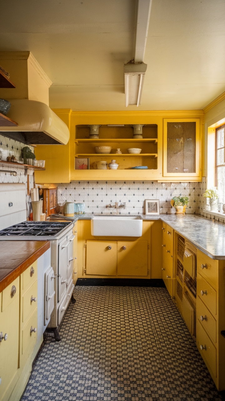 Ready for a dose of sunshine and nostalgia? This vintage yellow kitchen is a delightful trip back in time! The cheerful yellow cabinetry sets a sunny, retro tone, perfectly complemented by the classic black and white checkered floor. Every detail, from the charming ceramic sink to the antique range and warm wooden counter, speaks to a bygone era of cozy, inviting kitchens. It's a space that feels both vibrant and wonderfully familiar.