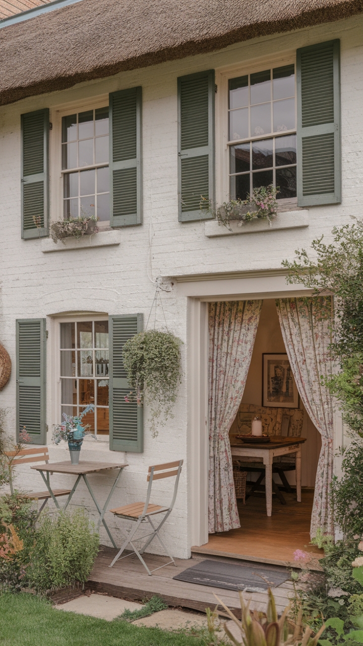 A quintessential English cottage exudes timeless charm with its whitewashed façade, lush green shutters, and a thatched roof that whispers stories of rural serenity. The inviting front garden blooms with seasonal flowers, inviting passersby into a cozy retreat. Inside, the shabby chic aesthetic creates a warm, lived-in ambiance—floral curtains flutter softly in the breeze, while a rustic wooden table anchors the space, surrounded by charming chairs that beckon intimate gatherings. The warm wooden floors add to the cottage’s nostalgic allure, making it a perfect sanctuary of rustic elegance and country comfort.