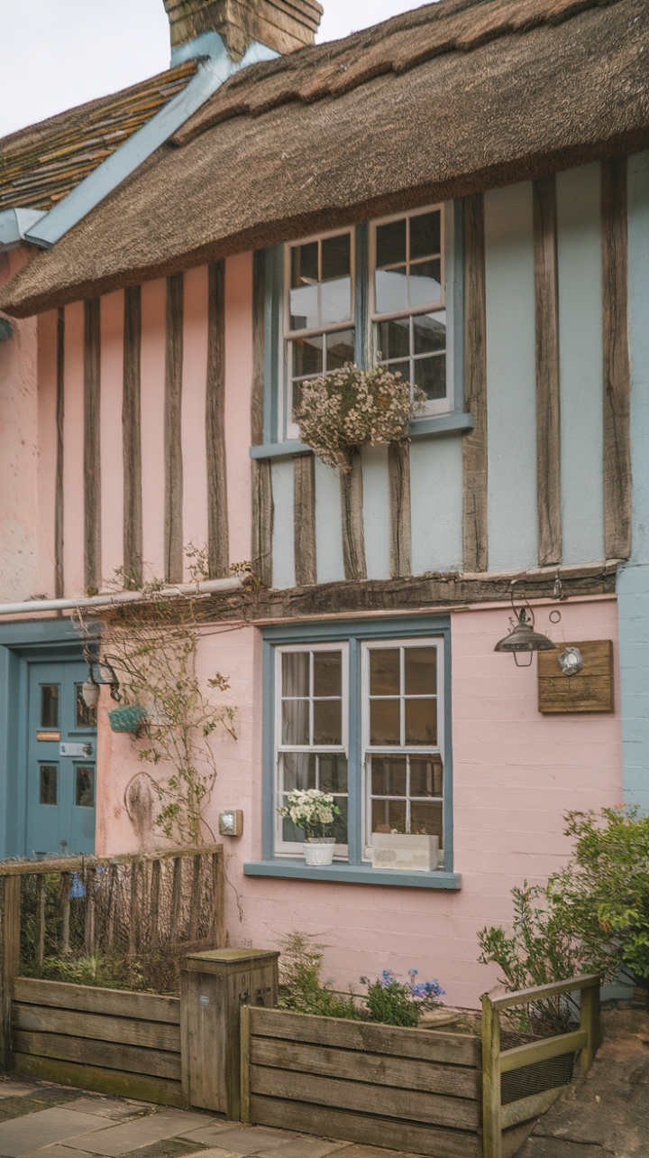 Could this be the most charming cottage in all of England? Nestled amidst a riot of blooms, this vintage beauty whispers tales of a bygone era. Its thatched roof, a crown of golden straw, sits atop walls painted in the softest blush and sky blue – a delightful embrace of color. Peeking out are ancient wooden beams, a testament to its enduring spirit. A storybook dwelling, indeed.