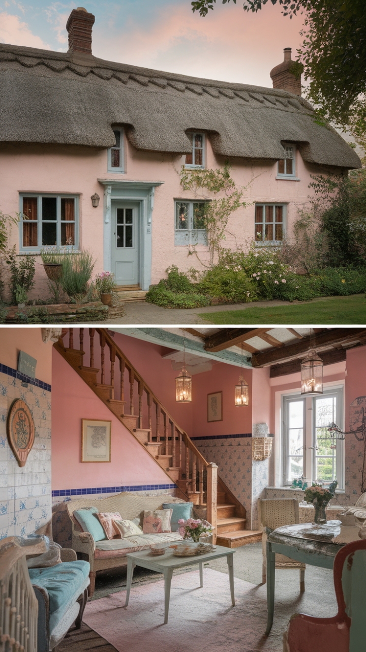 A charming vintage English cottage exudes rustic allure with its thatched roof and timeless architectural details. Soft pastel hues of pink and blue adorn the exterior, inviting a sense of serenity and nostalgia. The lush garden bursting with vibrant flowers and lush greenery creates a picturesque backdrop. Inside, cozy shabby chic decor transforms the space into a warm retreat, featuring a wooden staircase that adds character, a plush sofa inviting relaxation, and a charming table perfect for intimate gatherings. Decorative tiles embellish the walls, while hanging lanterns cast a gentle glow, enhancing the cottage’s enchanting, storybook ambiance.
