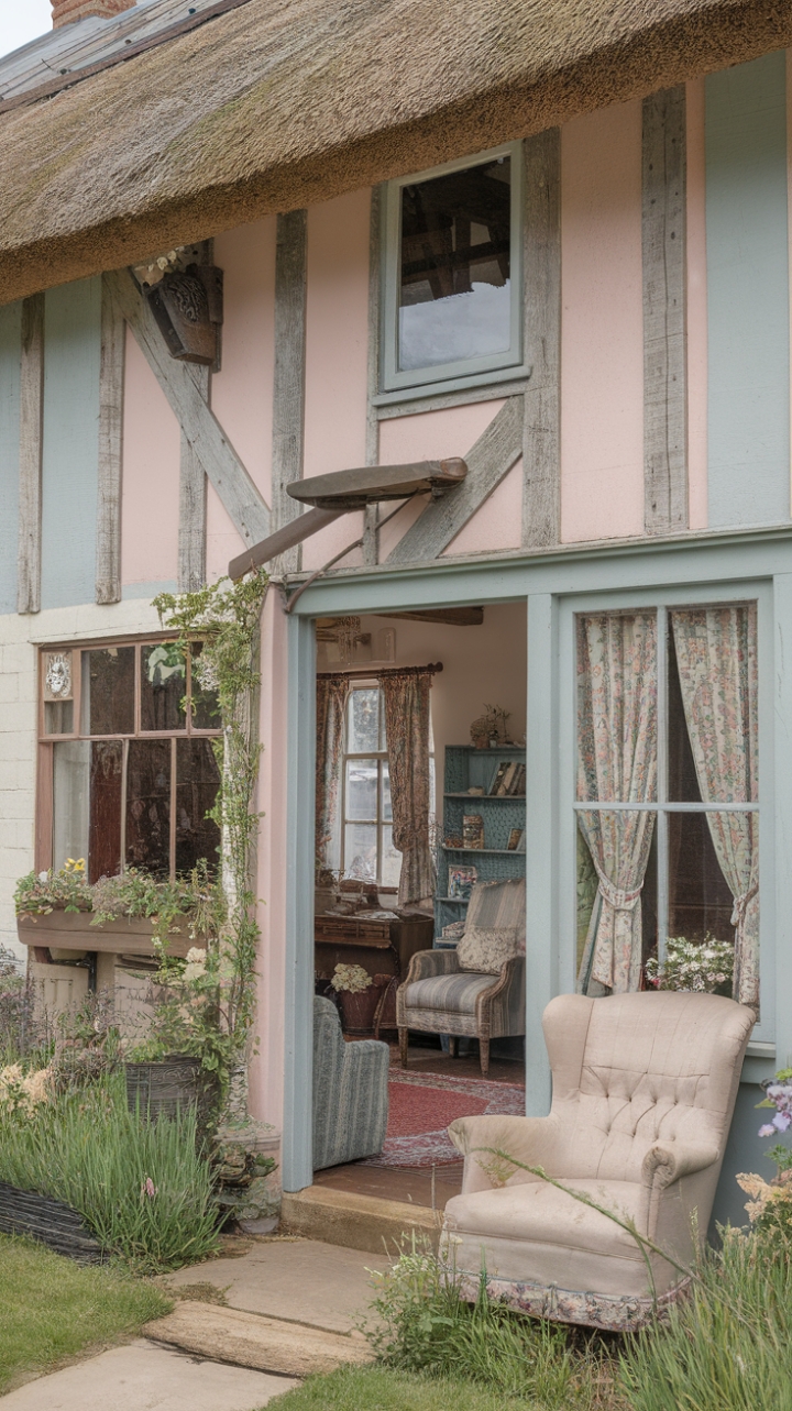 A quintessential vintage English cottage exudes rustic charm with its traditional architecture, featuring exposed wooden beams and a charming thatched roof. Soft pastel hues adorn the exterior, inviting a sense of warmth and nostalgia, while lush plants and vibrant flowers frame the entrance, enhancing its storybook appeal. Inside, a cozy shabby chic ambiance prevails, where antique furniture and patterned rugs create an inviting, lived-in feel. Floral curtains flutter gently in the breeze, and a worn-out armchair by the window beckons moments of quiet reflection. The surrounding garden and winding pathway complete this idyllic retreat, blending timeless elegance with heartfelt character.