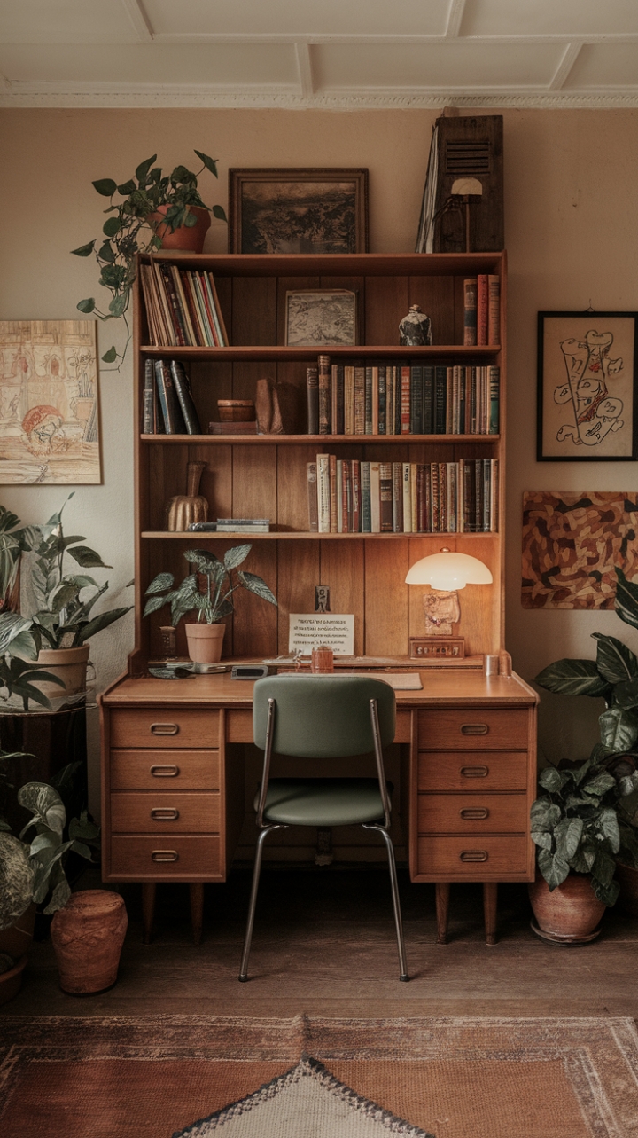 Step back in time with this vintage study, where mid-century modern meets cozy comfort. A sun-drenched haven of rich wood tones, leafy greens, and curated collections, this space whispers tales of inspiration and quiet contemplation. The perfect blend of form and function, it's a room designed for both focused work and peaceful relaxation. Every detail, from the iconic green chair to the overflowing bookshelf, speaks to a life well-lived.