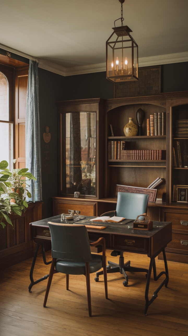 Step back in time with this vintage study, where the rich, dark walls whisper tales of old-world charm. A worn wooden desk, inviting armchair, and overflowing bookshelf promise hours of quiet contemplation, illuminated by the soft glow of a hanging lantern. The potted plant adds a touch of life to this perfectly curated space of scholarly retreat. The warm wood floors complete the ambiance of refined, nostalgic elegance.