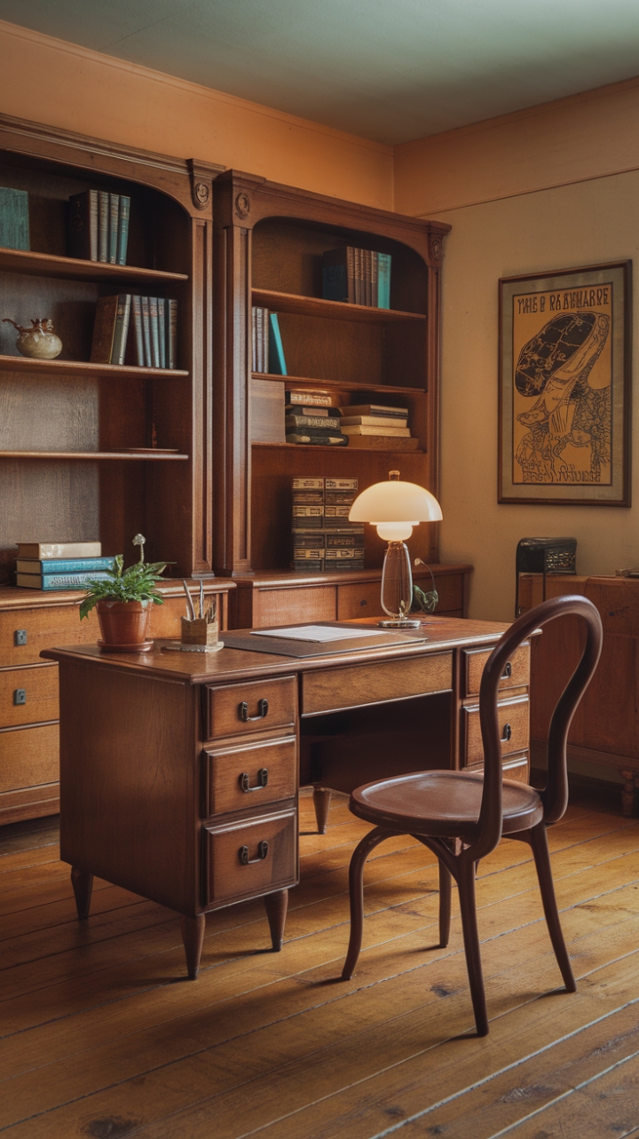 Ready for a cozy escape? This vintage study is a love letter to a bygone era, where every object tells a story. Imagine settling into that elegant curved-back chair, the warm glow of the lamp illuminating the pages of a well-loved book. The rich wood tones and curated collection of treasures create an atmosphere of quiet contemplation and timeless style. It's a space that invites you to slow down, savor the moment, and perhaps even pen a few thoughts of your own.