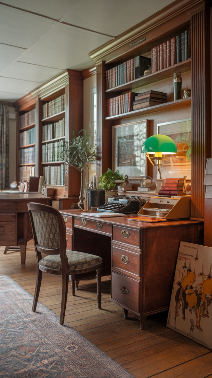 Escape the modern world in this exquisitely preserved retro study. Antique furniture, a richly patterned armchair, and a carefully curated collection of books create an atmosphere of refined comfort. The warm glow of a green-shaded desk lamp illuminates a vintage typewriter, ready to capture your brilliant ideas. Every detail, from the wooden floors to the carefully chosen rug, speaks to a bygone era of sophisticated style and quiet productivity.