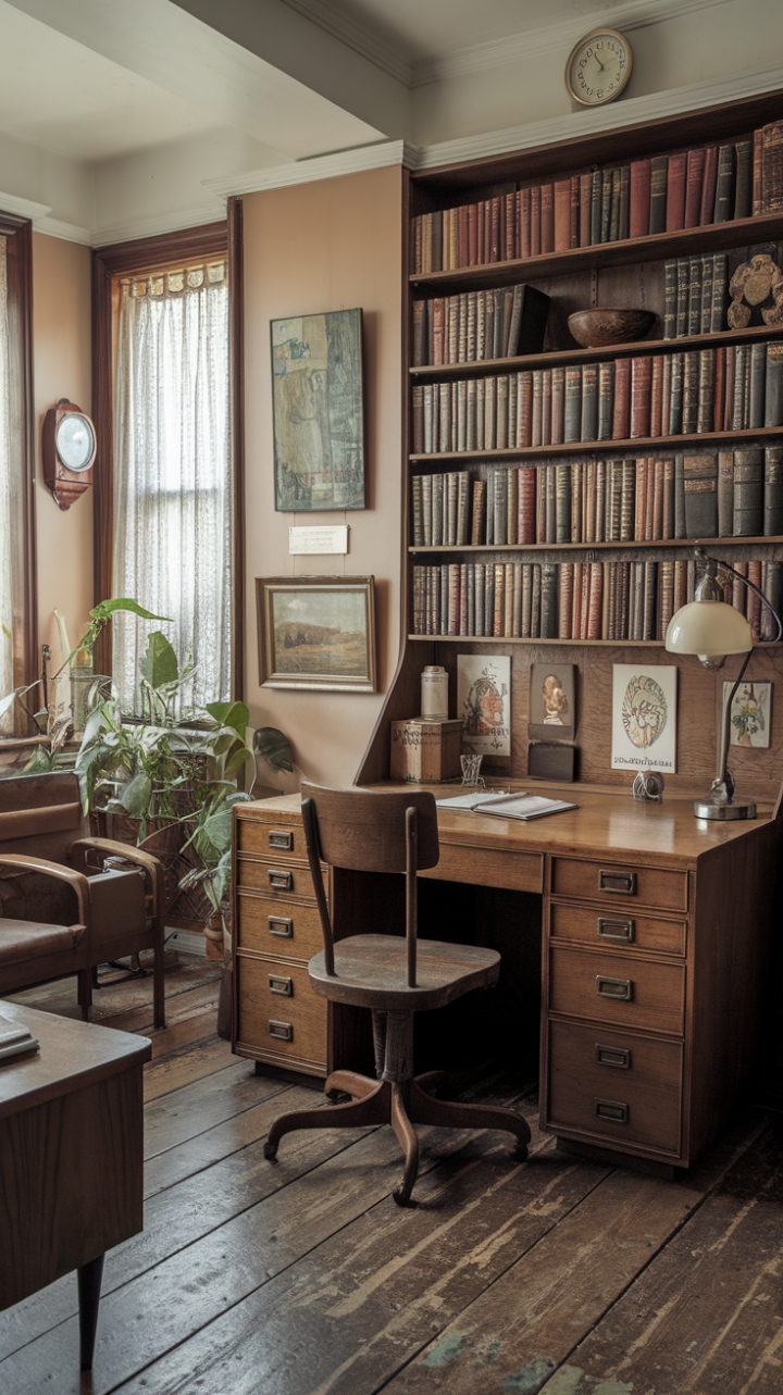 Step into a charming vintage home office where timeless elegance meets nostalgic allure. The warm wooden desk, adorned with multiple drawers, invites productivity amid its retro charm, complemented by a classic wooden chair that exudes character. Antique books line the bookshelf, whispering stories of the past, while a softly glowing lamp casts a cozy ambiance. A lush potted plant near the window adds a touch of nature’s serenity, contrasting beautifully with the rustic wooden patterned floor. Walls decorated with curated paintings and a vintage clock complete this inviting space, blending history and personality in perfect harmony.