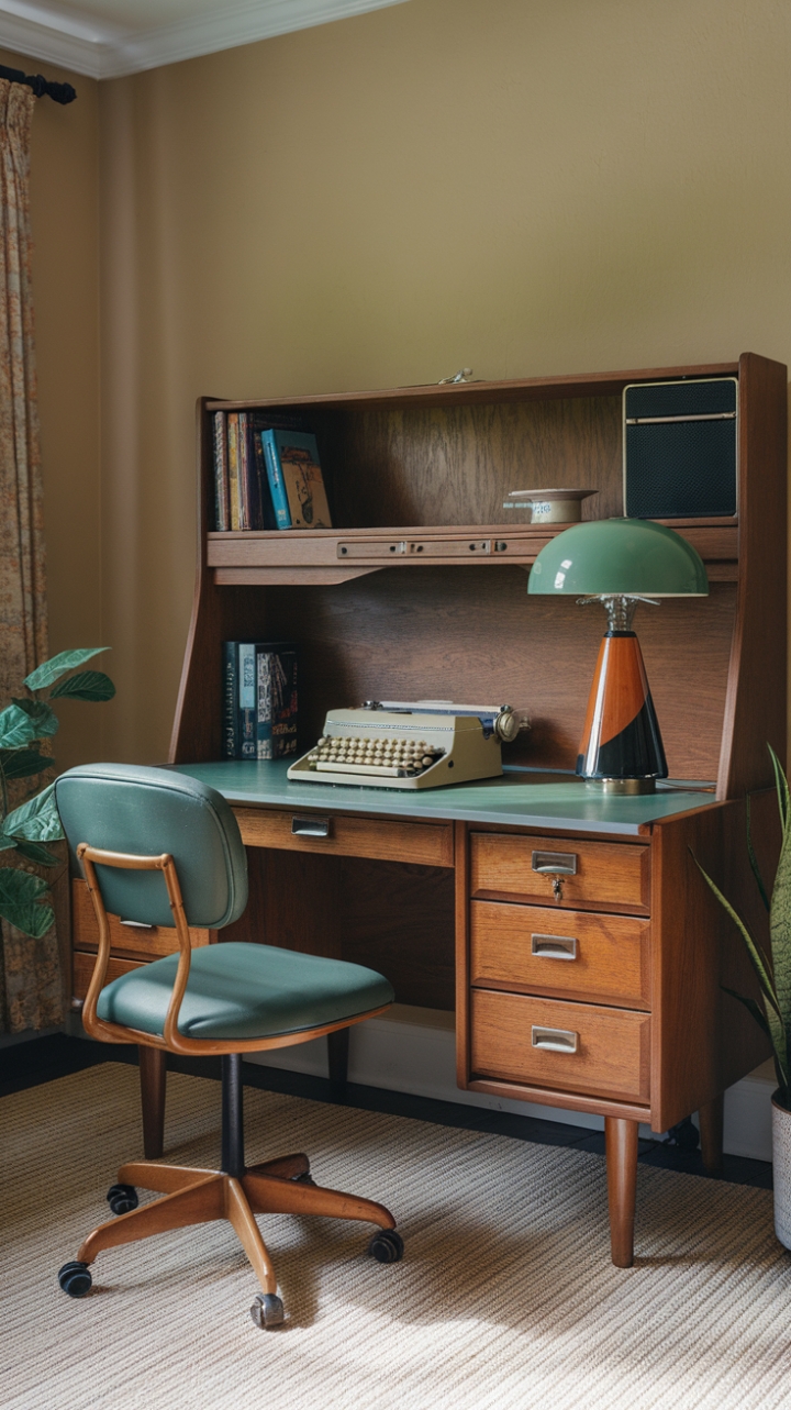 Ready to be transported? This vintage home office is a love letter to a bygone era. Imagine the gentle click-clack of the typewriter as you craft your next masterpiece, bathed in the warm glow of the lamp with its iconic green shade. The rich wood desk with its charming green top and drawers holds stories untold, while the matching chair invites you to settle in and get lost in your thoughts. A plush beige rug grounds the space, complementing the soft beige walls, creating a serene and inspiring atmosphere. And the touch of greenery from the potted plant adds a breath of fresh air to this perfectly curated retreat. It's a space that feels both nostalgic and utterly timeless.