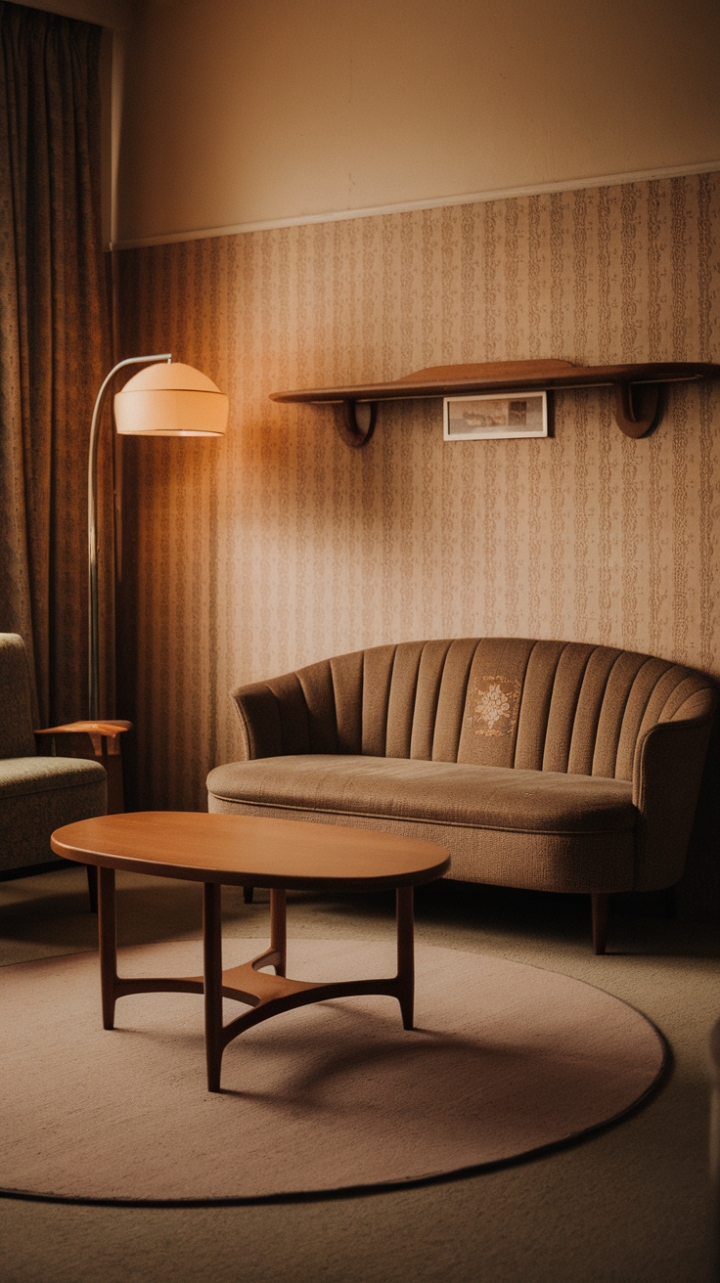 Step back in time with this mid-century modern dream. A symphony of curves, from the sofa's elegant silhouette to the gently swaying lampshade, creates a haven of retro sophistication. The textured walls and warm hues add depth and character, while the circular rug and coffee table anchor the space in perfect harmony. Prepare to be transported to a bygone era of stylish living.