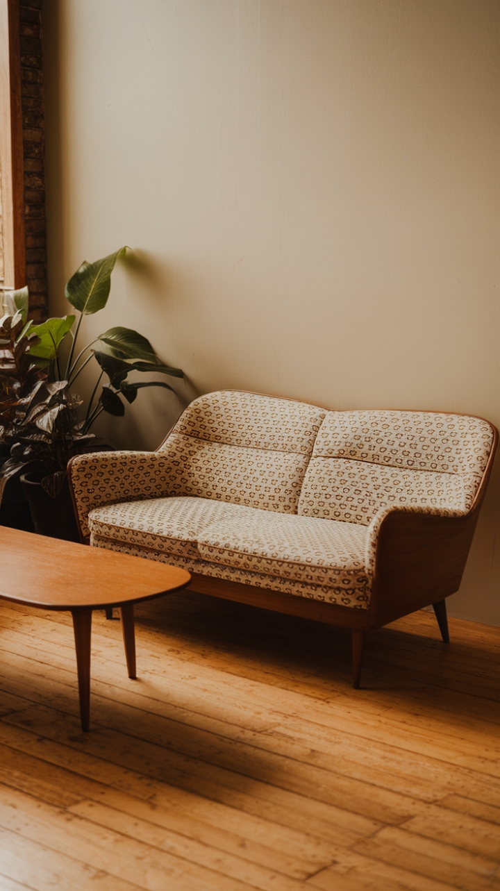 Step back in time with this mid-century modern dream. The gently curved sofa, swathed in a richly patterned fabric, invites you to sink in and unwind. A sculptural coffee table and the warm glow of the lighting complete this effortlessly chic and nostalgic scene. The perfect blend of vintage charm and contemporary comfort.