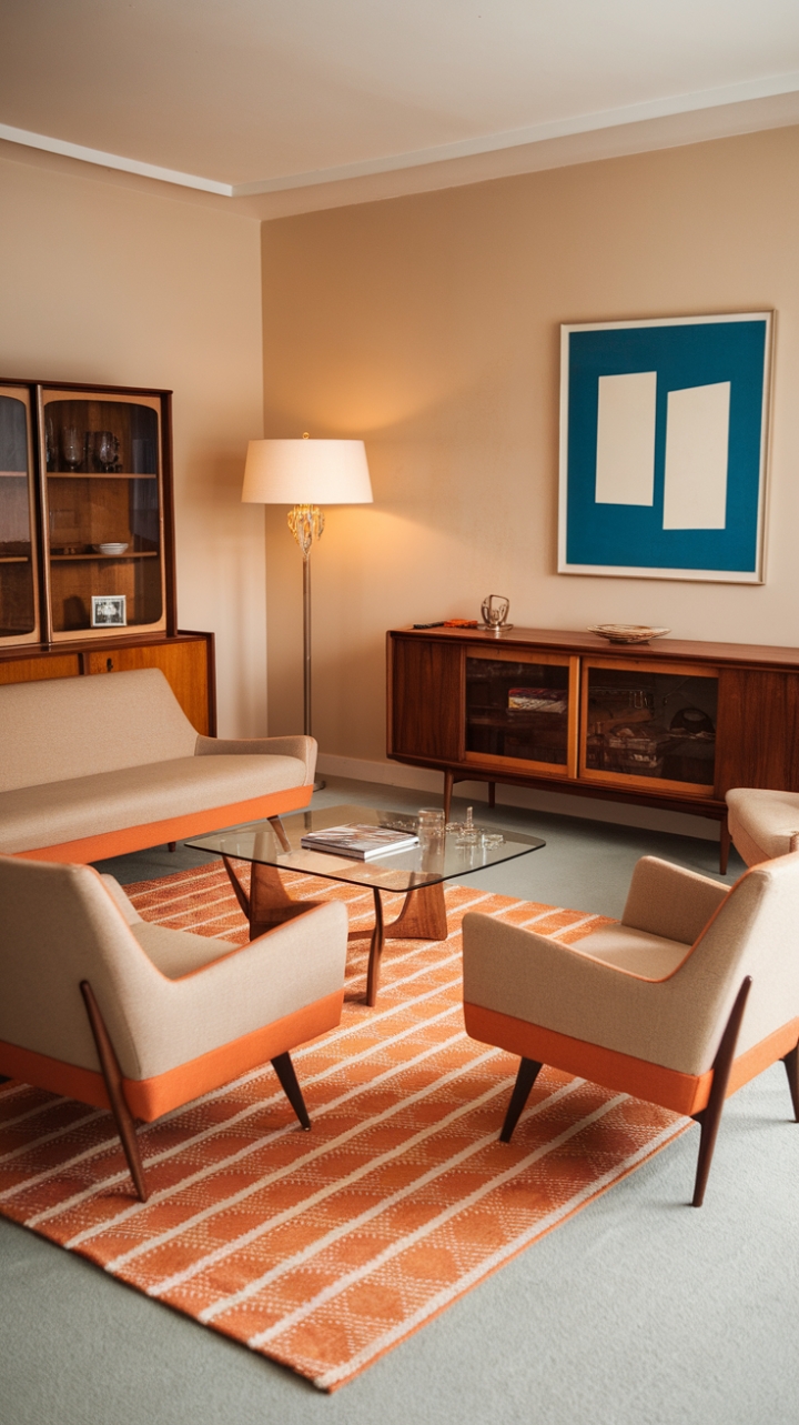 Ready for a dose of retro chic? This mid-century modern living room is a masterclass in vintage cool. Sink into the low-slung beige and orange sofa, perfectly paired with accent chairs that echo the vibrant palette. A sleek glass coffee table sits atop a playful orange and white patterned rug, grounding the space with a pop of personality. The wooden sideboard with glass doors adds a touch of classic elegance, while a simple lamp and abstract painting complete the curated look. Soft beige walls provide a calming backdrop, letting the iconic furniture and art truly shine. This is a space designed for stylish relaxation and conversation.