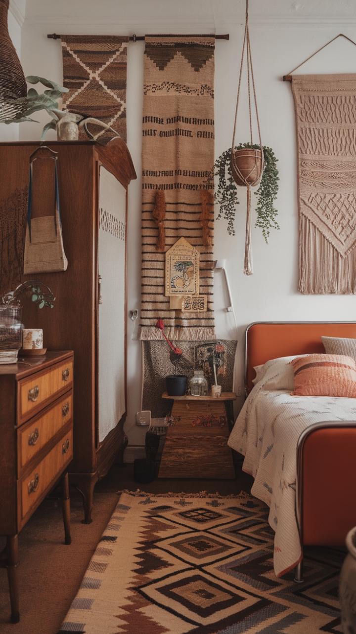 Step into this enchanting vintage sanctuary where bohemian charm meets eclectic elegance. The room’s retro-style bed invites relaxation amidst a curated mix of antique dressers and a charming vintage wardrobe, each piece telling its own story. Textured layers abound—from the patterned rug underfoot to the woven wall hanging that adds warmth and depth. Vintage accessories, including a framed poster and a hanging plant, breathe life into the space, creating a harmonious blend of nostalgia and chic sophistication. This vintage chic retreat is a perfect haven for those who adore timeless style with a playful, worldly twist.