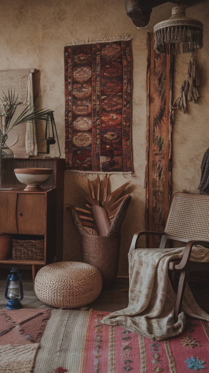 Step into this eclectic vintage haven where bohemian charm meets retro chic. The space is a curated mix of textured layers—from a richly patterned rug and woven basket to a cozy wool blanket—creating a warm, inviting atmosphere. Antique wooden furniture, including a charming cabinet and a retro-inspired chair, adds timeless character, while vintage accessories like a lantern and ceramic bowl infuse the room with nostalgic allure. Textured wallpaper completes the look, blending old-world elegance with playful, vibrant energy for a truly captivating vintage retreat.