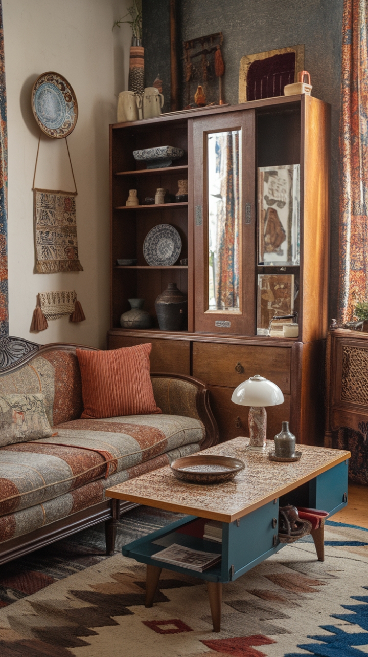 Ready to step into a space that tells a story? This room is a vibrant tapestry of eras and styles, where vintage charm meets bohemian soul. Sink into the embrace of a patterned sofa, its plush pillows inviting you to linger. A retro coffee table, adorned with treasures, stands ready for your favorite reads and a steaming cup of tea. Antique furniture, like the stately wooden cabinet and its reflective mirror, adds a touch of timeless elegance. The walls are a gallery of curated finds, from a decorative plate to a captivating piece of art. Underfoot, a patterned rug anchors the space, its rich texture a counterpoint to the varied surfaces around it. This is a room that celebrates individuality, a harmonious blend of patterns, textures, and cherished objects that create a truly unique and inviting sanctuary.