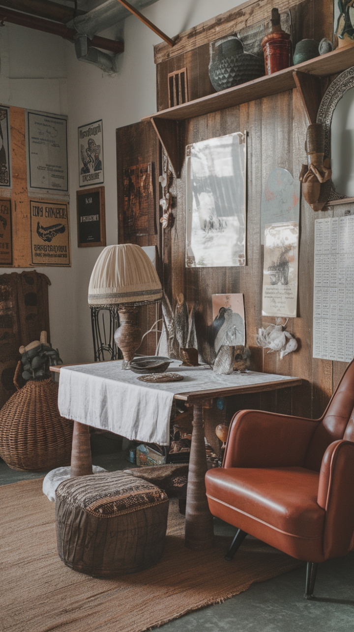 Step into this enchanting vintage-inspired haven where bohemian charm meets rustic elegance. The rustic wooden table, draped in a crisp white cloth, invites intimate gatherings amid an eclectic mix of vintage posters and charming decorative accents. A cozy retro armchair beckons you to unwind, while textured layers of woven wicker, soft fabrics, and aged metal create a warm, inviting atmosphere. The carefully curated details—vintage lamp, wooden shelf, and vibrant rug—transform this space into a nostalgic retreat filled with personality and timeless appeal.