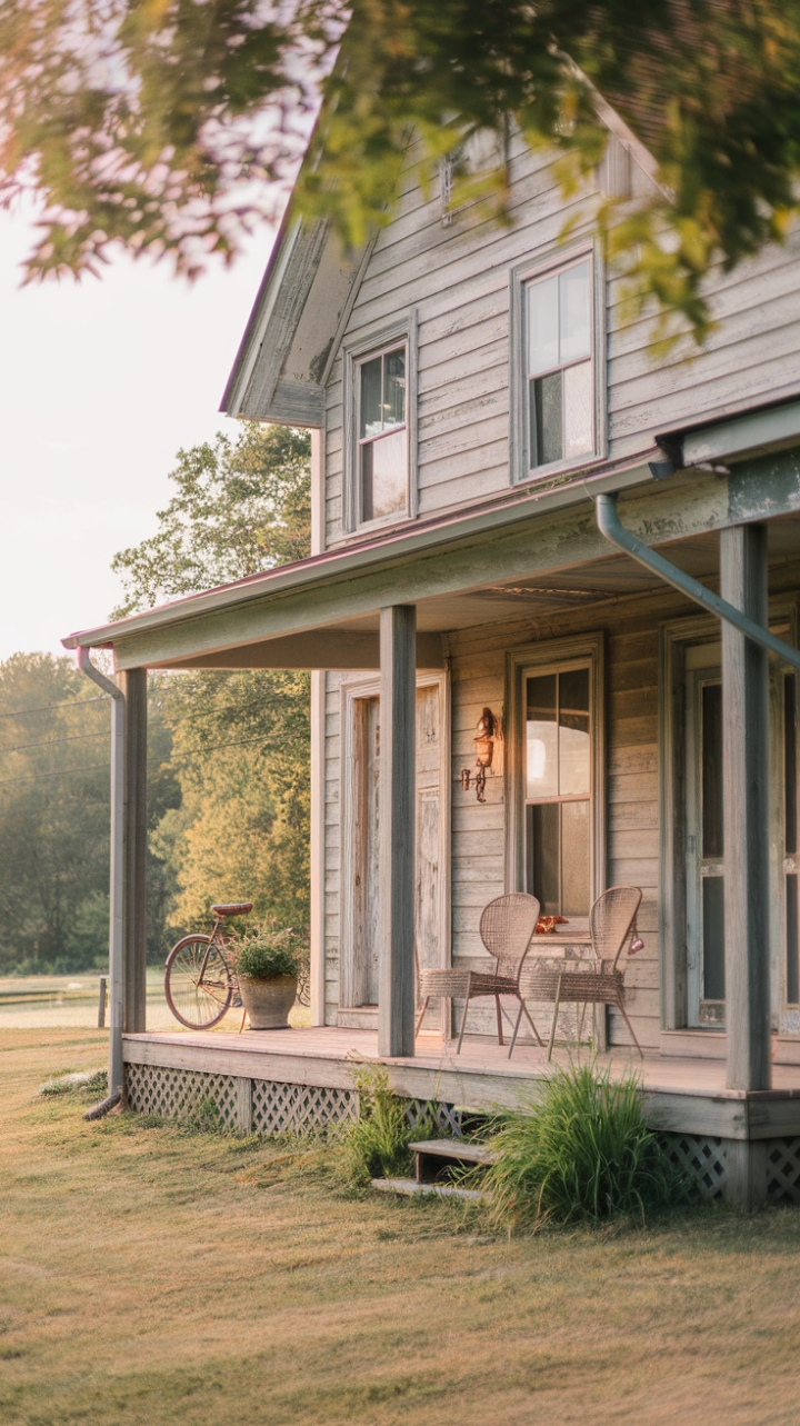 A charming rustic farmhouse exudes timeless appeal with its weathered wooden façade and distressed vintage charm. The inviting porch, adorned with cozy chairs and a potted plant, beckons moments of quiet reflection. Leaning casually against the wall, a vintage bicycle adds a nostalgic touch, while the lush green landscape and towering trees in the background create a serene, idyllic backdrop. Warm hues cast a golden glow over the scene, enhancing its cozy, lived-in allure and evoking a sense of nostalgic tranquility.