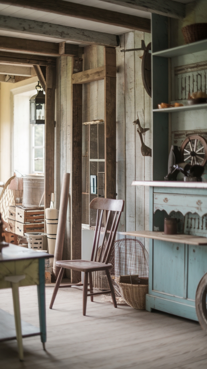 Embrace the beauty of imperfection in this idyllic farmhouse retreat. Distressed wood, antique furniture, and vintage accents create a captivating blend of rustic charm and shabby-chic style. Every piece tells a story, from the worn wooden chair to the rustic shelf overflowing with character. A lantern's soft glow illuminates the scene, highlighting the warmth and inviting atmosphere of this perfectly imperfect space. The carefully curated details, including a charming basket and a vintage wheel, complete the picture of relaxed country living.