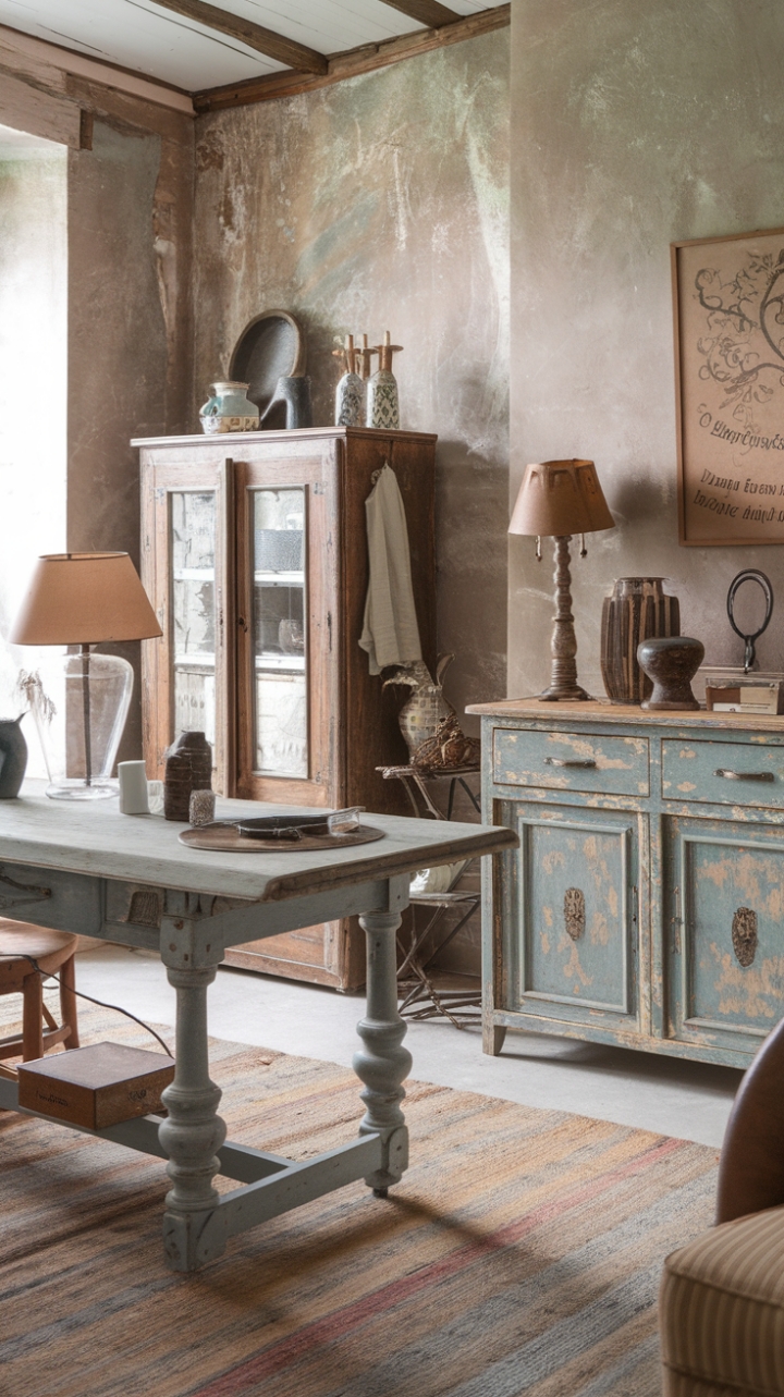 A charming rustic farmhouse exudes timeless appeal with its shabby chic allure and antique accents. The distressed walls and vintage wooden furniture create a warm, inviting atmosphere filled with character. A weathered wooden table, adorned with a vintage lamp and carefully curated decorative pieces, anchors the living space with nostalgic elegance. Complemented by a distressed wooden cabinet showcasing charming collectibles and a beautifully worn vintage rug, every detail contributes to a cozy, lived-in aesthetic that celebrates rustic charm and antique sophistication.