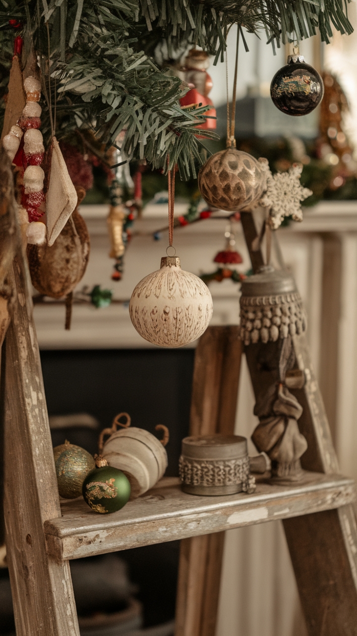 Step into a winter wonderland brimming with cherished memories! A rustic wooden ladder leans against a crackling fireplace, showcasing a curated collection of vintage ornaments, antique decorations, and retro embellishments. Each piece whispers tales of Christmases past, transforming this cozy room into a sanctuary of nostalgic charm. The heirloom decorations, classic ornaments, and vintage trinkets hanging from the boughs of a nearby tree add to the enchanting ambiance, creating a scene that's both heartwarming and utterly captivating.