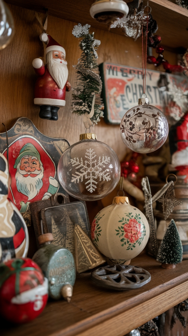 A charming tableau of vintage holiday charm, this collection showcases an eclectic mix of antique ornaments and nostalgic embellishments. A handcrafted wooden Santa Claus exudes timeless warmth, while a delicate glass ornament adorned with a snowflake pattern captures winter’s magic. A ceramic piece featuring intricate floral motifs adds a touch of elegance, complemented by a metal star-shaped ornament that brings a hint of sparkle. Retro accents, including a nostalgic tin sign with Santa Claus and the cheerful "Merry Christmas" message, evoke a sense of holiday tradition. Set against a rustic wooden shelf, these vintage trinkets evoke a cozy, old-fashioned holiday spirit filled with cherished memories and timeless appeal.