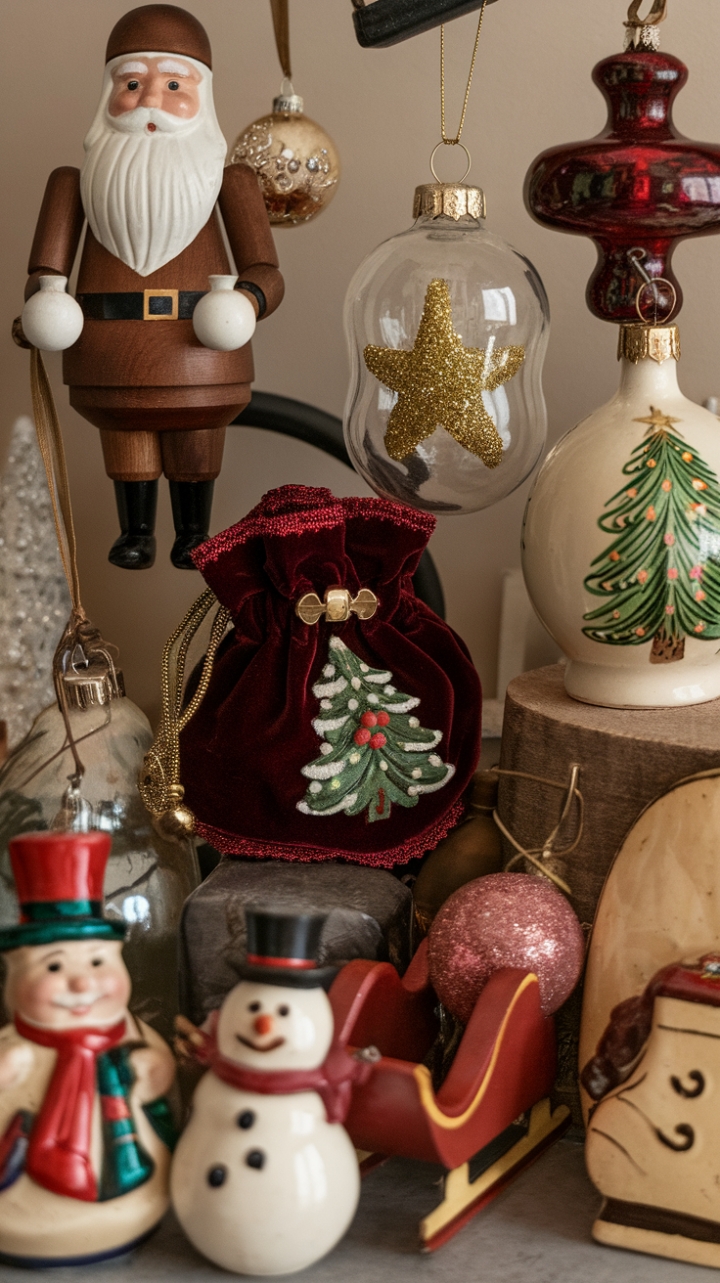 Step into a nostalgic winter wonderland with this charming collection of vintage ornaments. A wooden Santa, a glittering glass star, and a whimsical ceramic Christmas tree mingle with a retro velvet pouch and classic ceramic snowman, all nestled against a warm beige backdrop. Each piece whispers tales of Christmases past, promising a season filled with cherished memories and timeless elegance.