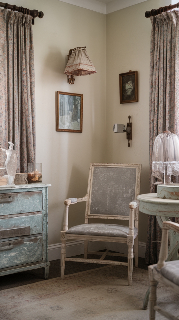 Step into a haven of faded elegance where time-worn charm meets modern comfort. This shabby chic sanctuary, bathed in soft light, whispers tales of bygone eras through its distressed furniture and antique accents. A rustic chair and table create an intimate corner, while vintage accessories—a delicately aged lampshade and a cherished picture frame—add personality to the walls. The weathered finishes and cozy rug complete the cottage aesthetic, inviting you to relax and unwind in a space brimming with character.