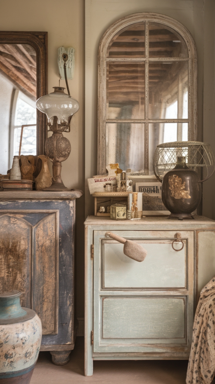 A charming shabby chic sanctuary, this vintage-inspired room exudes cozy elegance with its weathered finishes and cottage allure. The distressed furniture piece adds a touch of rustic character, while antique decor items and vintage accessories create a layered, nostalgic ambiance. Softly painted walls serve as a gentle backdrop for the vintage lamp, retro mirror, and delicate vase, transforming the space into a timeless retreat filled with warmth and personality.