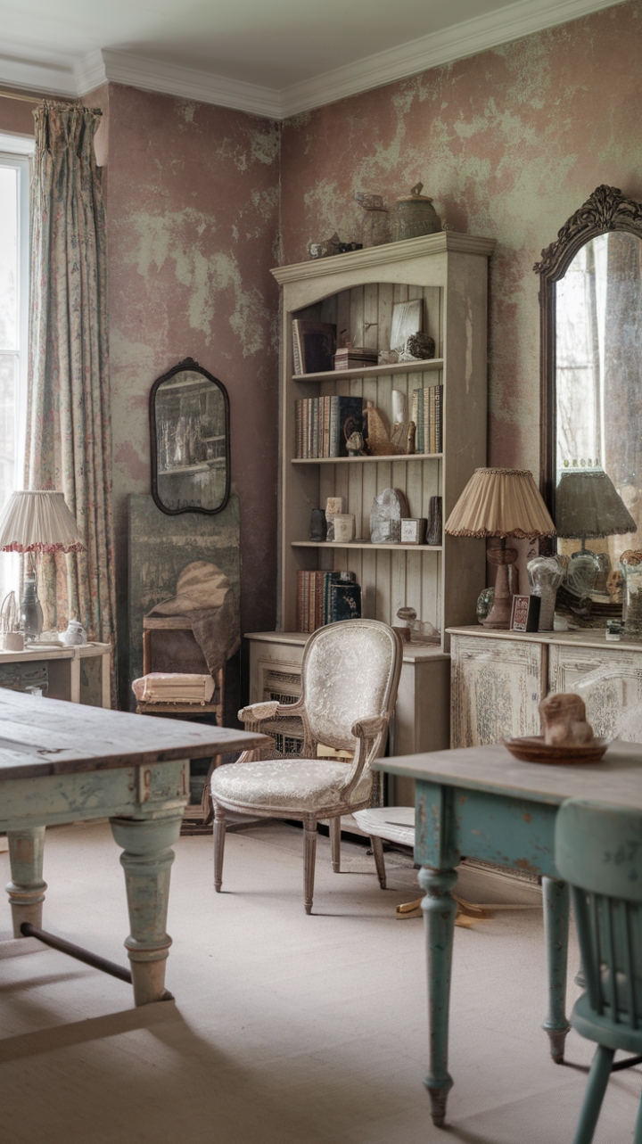 Ready for a room that whispers stories of time? This vintage haven wraps you in rustic charm and shabby elegance. Imagine gathering around that magnificent, weathered wooden table, its surface bearing the beautiful marks of years gone by. The chairs, with their perfectly imperfect shabby chic style, invite you to linger. A bookshelf filled with antique treasures adds layers of history, while the distressed walls create a backdrop of understated beauty. A retro-chic lamp casts a warm glow, and an ornate mirror reflects the room's cozy, cottage aesthetic. It's a space that feels lived-in, loved, and utterly enchanting.