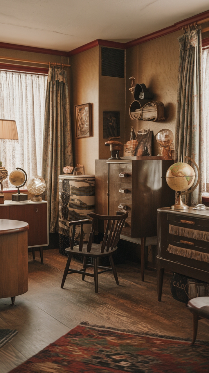Ready for a trip down memory lane? This room is a delightful embrace of vintage kitsch, a charming tableau of retro decor that whispers stories of days gone by. Every corner is a treasure trove of nostalgia, from the antique-style furniture that anchors the space to the whimsical collection of vintage finds. A lamp with a glowing globe casts a warm light, illuminating a wooden cabinet filled with curiosities. Beneath it all, a patterned rug adds a touch of playful texture, while the beige walls provide a calming backdrop. Sunlight streams through the window, softened by classic curtains, highlighting the beautiful wood floor. It's a space that feels lived-in and loved, a true celebration of personal style and cherished memories.