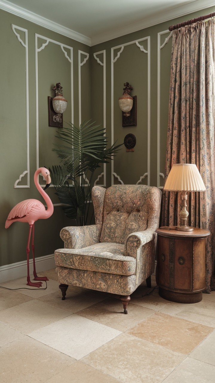 A charming vintage haven bursting with nostalgic flair, this retro-inspired room invites whimsy and warmth. The vibrant pink flamingo statue adds a playful touch against the lush green walls adorned with delicate white patterns, creating a lively yet cozy atmosphere. An intricately patterned armchair beckons relaxation, while a rustic wooden side table and a classic lamp provide inviting accents. A lush plant introduces a touch of nature, grounding the space with freshness. Beige tiled flooring completes this antique-inspired retreat, blending timeless charm with colorful character.