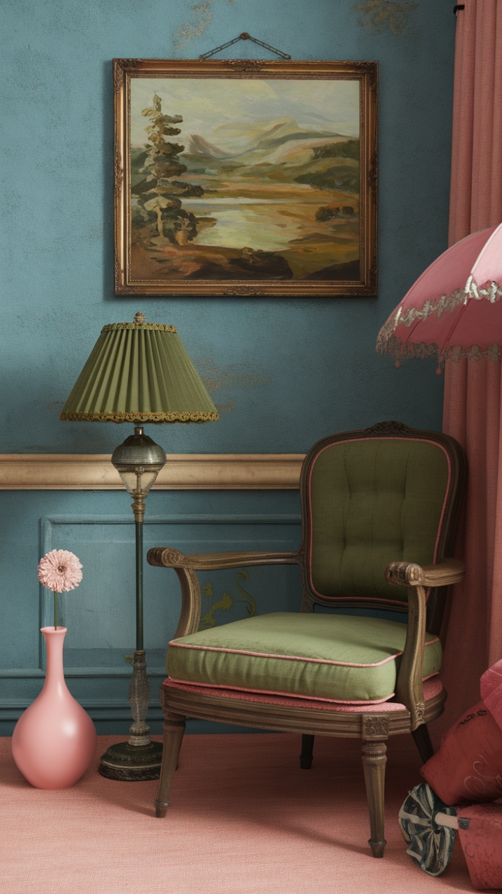 Ready for a delightful dose of vintage charm? This room is a whimsical wonderland, a perfectly curated explosion of retro kitsch that just makes you smile. Imagine settling into that charming wooden chair with its vibrant green cushion, the soft glow from the matching green lamp casting a cozy light. A playful pink umbrella leans nearby, adding a touch of unexpected fun. On the wall, a classic landscape painting transports you to a serene scene, a beautiful contrast to the room's playful energy. And that sweet pink vase with a single bloom on the floor? It's the perfect final touch to this nostalgic haven. Every element, from the antique-style chair to the quirky accessories, comes together to create an ambiance that's both inviting and utterly unique. This is vintage design done right – full of personality and pure joy.