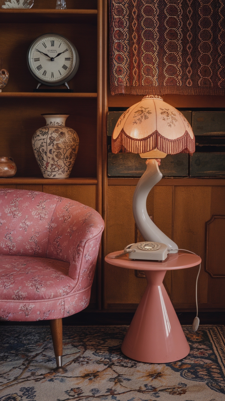 Step into a charming vintage kitsch haven where retro flair and nostalgic elegance intertwine. The soft pink sofa, adorned with a delicate floral pattern, invites relaxation amidst a vibrant tapestry of textures. Beneath a cozy patterned rug, the room exudes warmth and personality. A gracefully curved table lamp with a floral-embellished shade casts a gentle glow, complementing the vintage alarm clock with its round face and Roman numerals—an ode to timeless design. A wooden shelf draped with a patterned textile showcases curated treasures, including a ceramic vase echoing the room’s floral motif and a classic vintage phone with a curved body and round face, adding to the antique charm. This space radiates a nostalgic allure, celebrating the playful elegance of mid-century decor with a touch of whimsical sophistication.