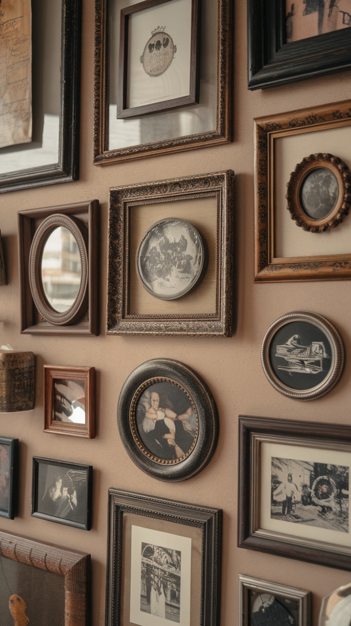 A captivating vintage gallery wall that exudes timeless charm, showcasing an eclectic mix of antique frames filled with retro art, paintings, photographs, and prints. Each frame tells its own story, with intricate patterns and distressed finishes that add depth and character against a warm beige backdrop. The arrangement creates a nostalgic, classic ambiance, inviting viewers to immerse themselves in a curated history of style and artistry.