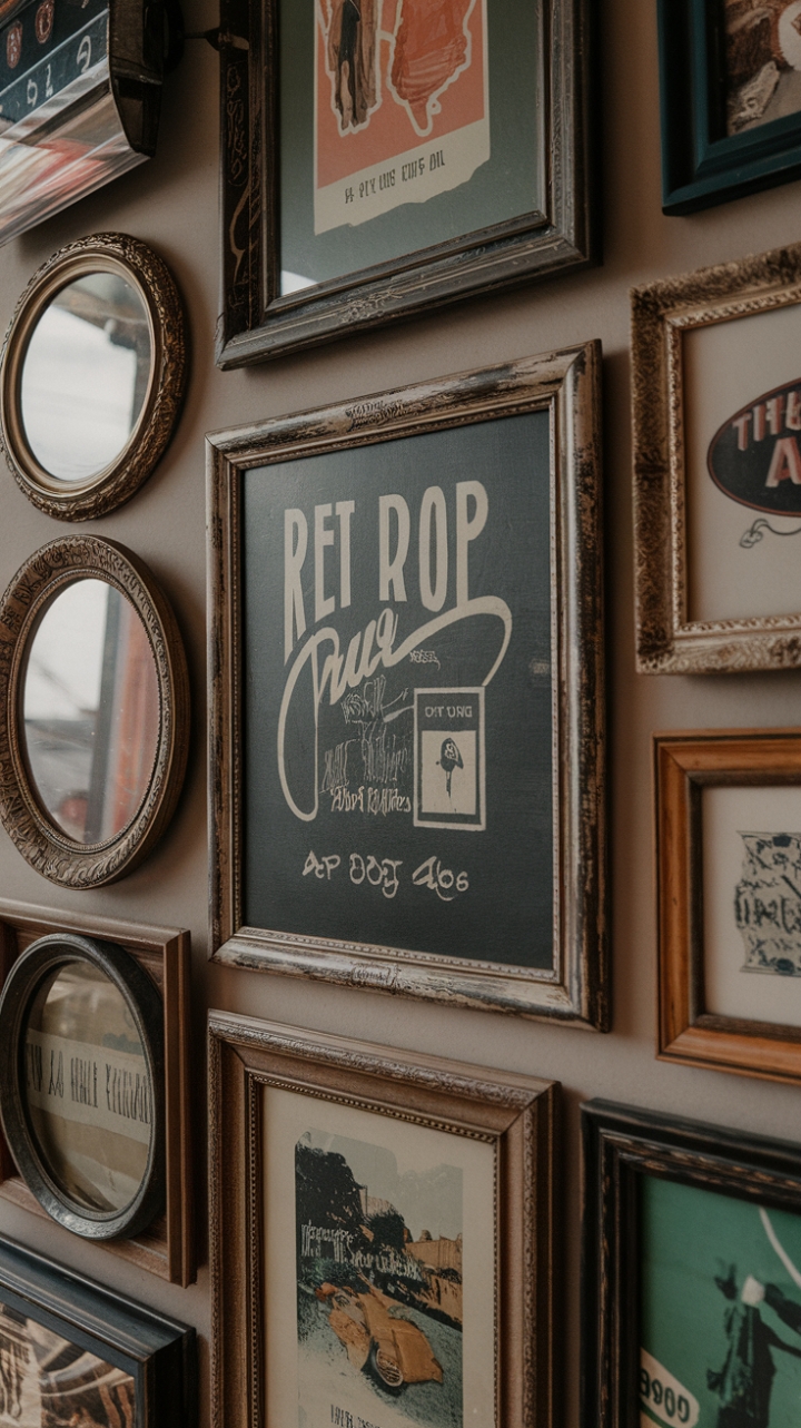 Reimagine your space with this nostalgic gallery wall, a symphony of vintage frames and classic imagery. The curated collection evokes a sense of timeless elegance, transforming a simple wall into a captivating narrative of retro style and cherished memories.