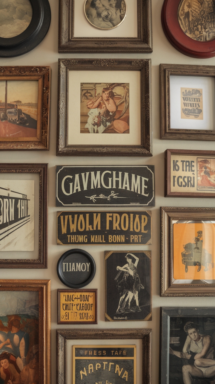 A symphony of vintage charm unfolds on this gallery wall, a curated collection of antique art and ornate frames creating a captivating visual narrative. Retro paintings, cherished photographs, and intriguing signs are artfully arranged, their nostalgic beauty enhanced by the subtle elegance of the neutral background. This is more than just décor; it's a journey through time.