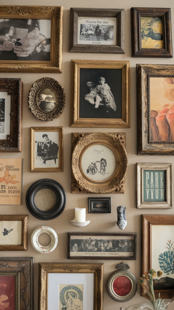Ready to curate your own story? This vintage gallery wall is a masterclass in mixing eras and styles. Each frame, from the gilded and grand to the rustic and worn, holds a piece of history, a whisper of a forgotten time. It's a tapestry of memories, a conversation between art and artifact, all against a warm, inviting beige backdrop. Notice the thoughtful details – a flickering candle, a delicate vase – adding layers of texture and personality. This isn't just a wall of art; it's a curated life, beautifully displayed.