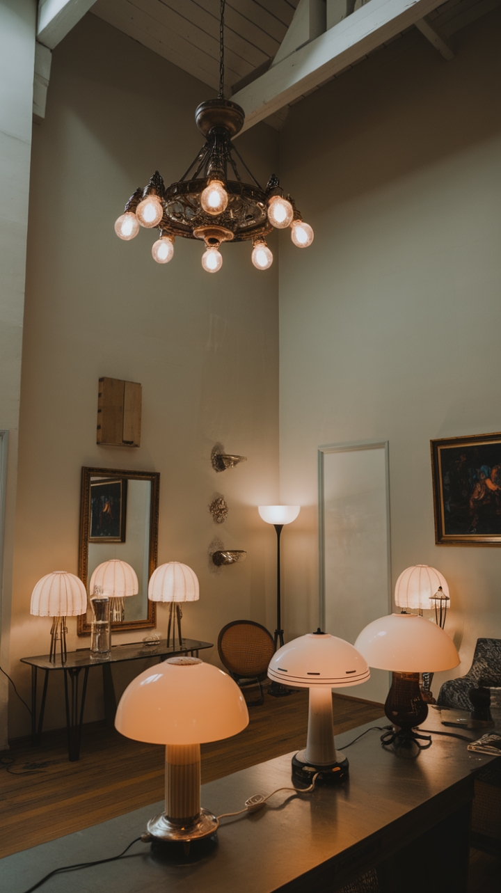 A luminous sanctuary where vintage charm meets timeless elegance. The soaring ceiling showcases an exquisite antique chandelier with multiple glowing bulbs, casting a warm, inviting glow throughout the space. Retro lamps with charming shades rest on a stylish table, complemented by a sleek floor lamp in the corner, creating layered lighting that enhances the room's cozy ambiance. Crisp white walls serve as a perfect backdrop for decorative accents—a reflective mirror and a captivating painting—that add personality and depth. Rich wooden flooring grounds the room, blending classic sophistication with a welcoming, lived-in feel.