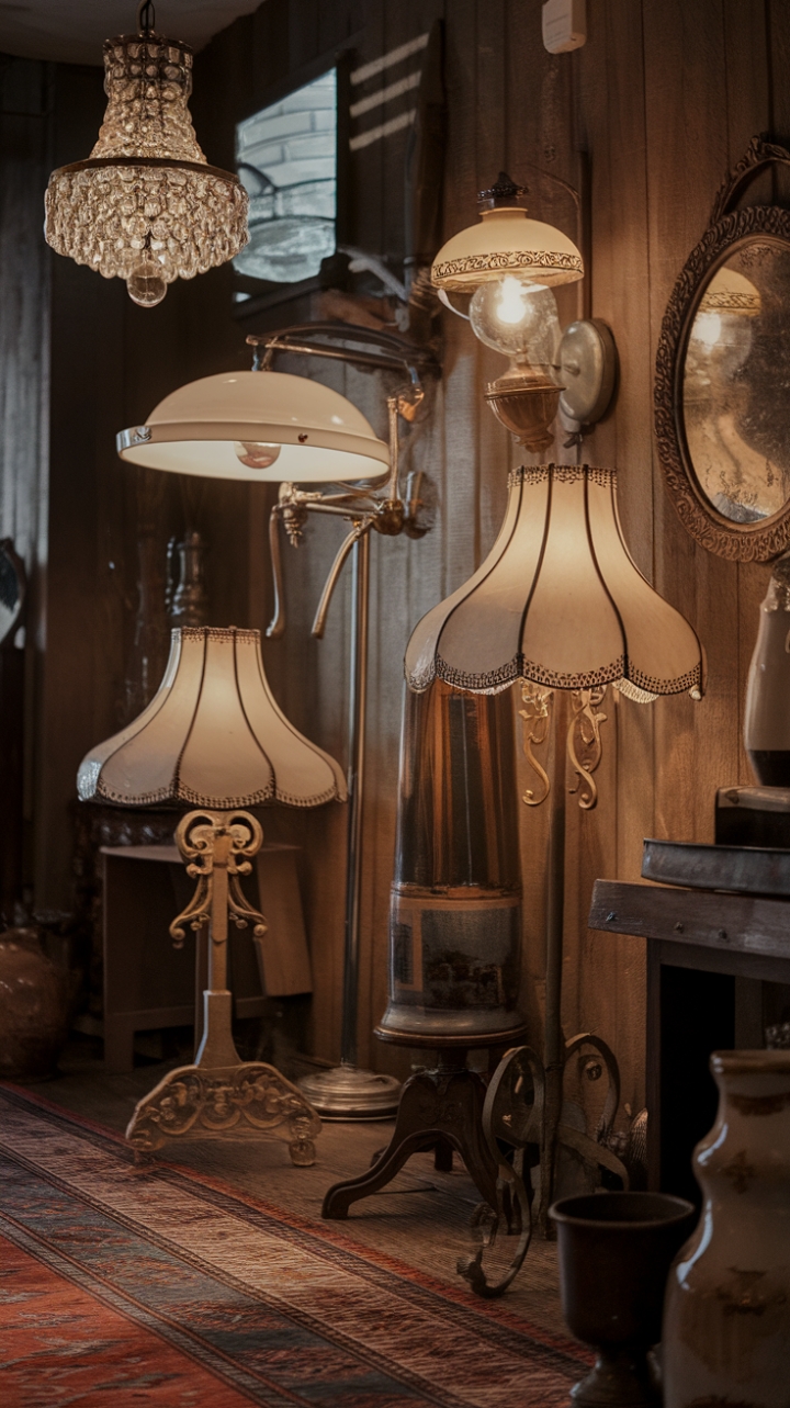 A nostalgic haven bathed in warm, inviting glow, this vintage room exudes timeless charm. Antique lighting fixtures—delicately crafted lamps with ornate scrollwork, a shimmering chandelier, and an old-fashioned lamp—cast a soft, ambient light that enhances the room’s rich wood-paneled walls and intricate patterned rug. Antique accents like a delicate vase and an ornate mirror add layers of history and elegance, creating a cozy, nostalgic atmosphere that beckons you to linger and appreciate the beauty of bygone eras.