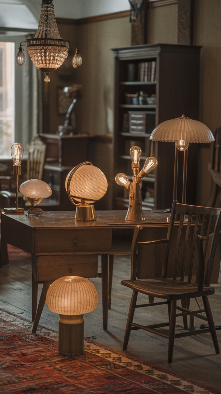 A captivating blend of vintage charm and timeless elegance, this room exudes nostalgic warmth through its thoughtfully curated lighting and classic details. The array of unique lamps—featuring a globe-shaped fixture and a multi-bulb design—casts a soft, inviting glow over the wooden desk and chair, creating an intimate workspace full of character. The vintage chandelier overhead adds a touch of grandeur, while the wooden floors, patterned rug, and bookshelf evoke a cozy, lived-in ambiance. Every element invites a sense of history and personality, transforming the space into a perfect sanctuary of nostalgic sophistication.